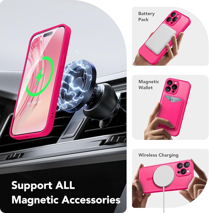 CAPRARO for iPhone 15 Pro Case, Compatible with MagSafe Hot Pink | Upgraded [Full Camera Protection] Shockproof Protective Slim Translucent Matte Magnetic Phone Case 6.1'', Hot Pink - Image 3