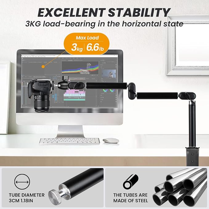 TARION Overhead Camera Desk Mount Articulating Arm with Gear Joints TKA01-M | 3-Section Arm, 6.6lb Load Capacity, 3/8'' Screw and 1/4'' Screw Ballhead, for DSLR SLR Mirrorless Cameras Projector Ringlight - Image 2