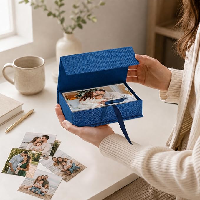 Vienrose Small Photo Storage Box, 4"x6", Linen Postcard Keeper, Dark Blue | 1Pc Sturdy Linen Cover Box for Photos, Postcards & Sticker Storage, Perfect for Home, Office, Craft Room, and Travel - Image 3