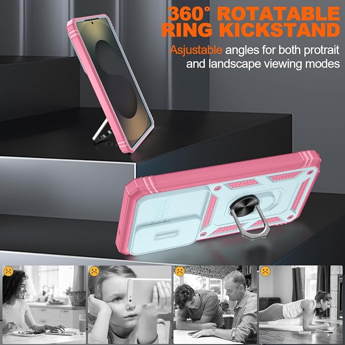 Gritup for Samsung Galaxy S26 Ultra Case: 2*Screen Protector | Slide Camera Cover | Build in 360° Rotating Ring Kickstand | Military Grade Protective Cover for Samsung S 26 Ultra, Green+Pink - Image 8