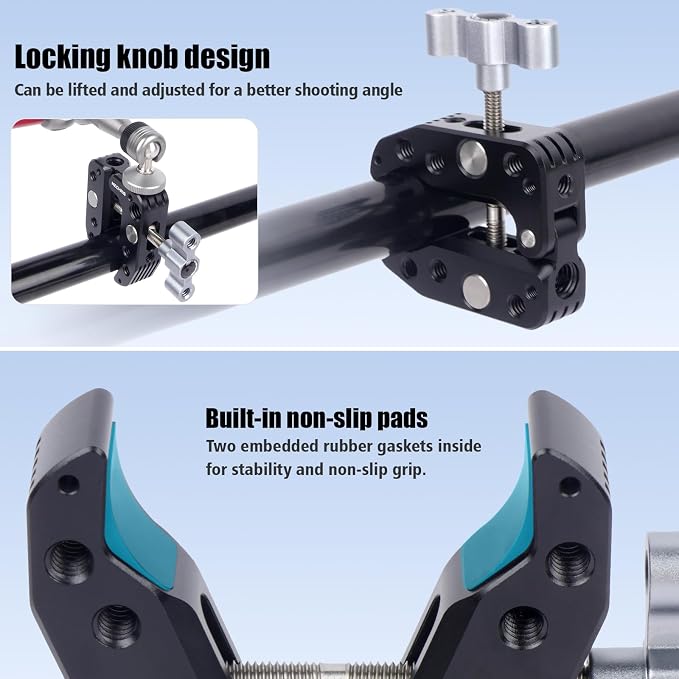 Universal Camera Clamp 10-60mm with 1/4"-3/8" Threads & Positioning Holes - Multi-Angle Adjustable Clamp for DSLR, Bike Handlebar, Desktop Streaming (Lightweight Aluminum Alloy) 62019 - Image 3