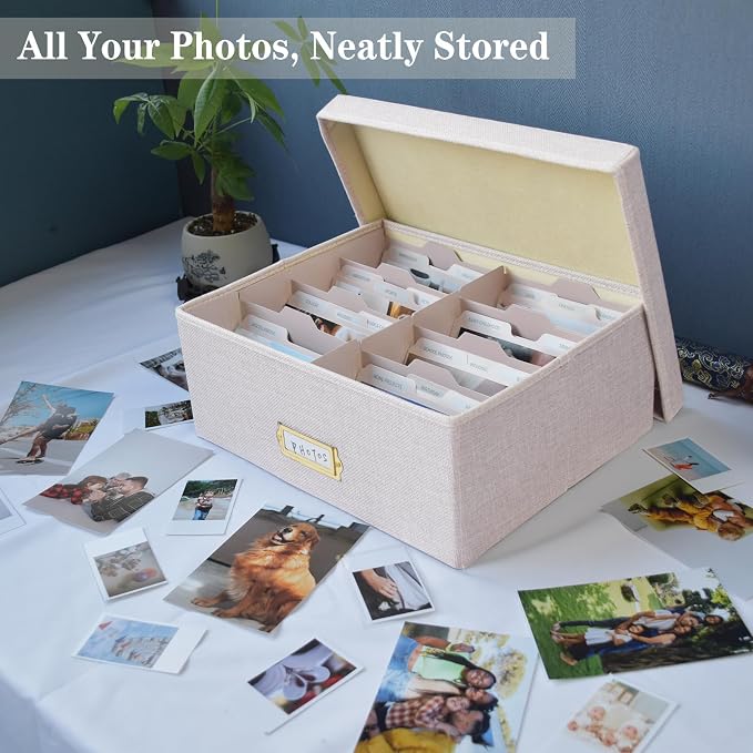 Linen Photo Storage Box – Holds 1700 Photos, Photo Organizer with Lid for Photo, Pictures, 24 Adjustable Dividers & 72 Labels Multi-Use Organizer Memory Box for Envelopes, Baby, Wedding, Cards Beige - Image 2