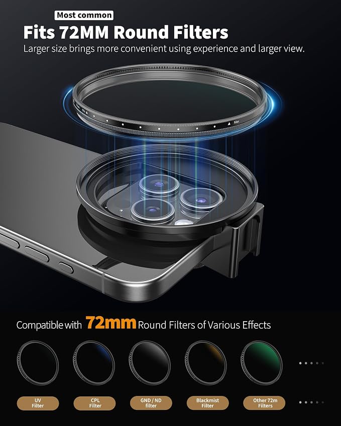 72mm Phone Filter Mount Lens Filter Adapter with Cold Shoe Mount, Compatible with 72mm Round Camera Filters, Compatible with iPhone 17 16 15 14 13 12 11 10 Pro Max Plus Samsung Galaxy S24 Ultra - Image 3