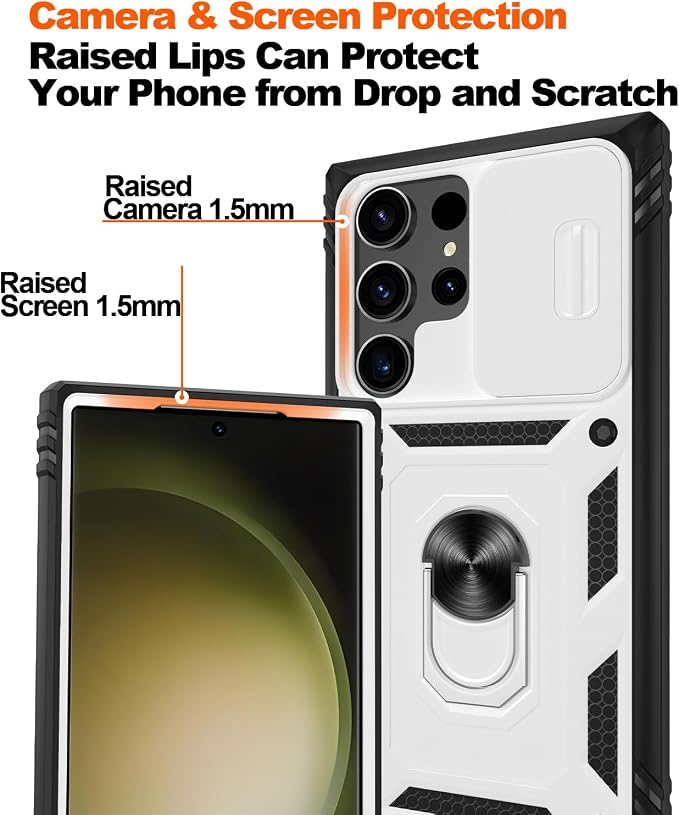Gritup for Samsung Galaxy S23 Ultra Case with 2PCS Screen Protector, Build in 360° Rotating Ring Kickstand, Military Grade Protective Case for S23 Ultra Phone, White+Black - Image 5