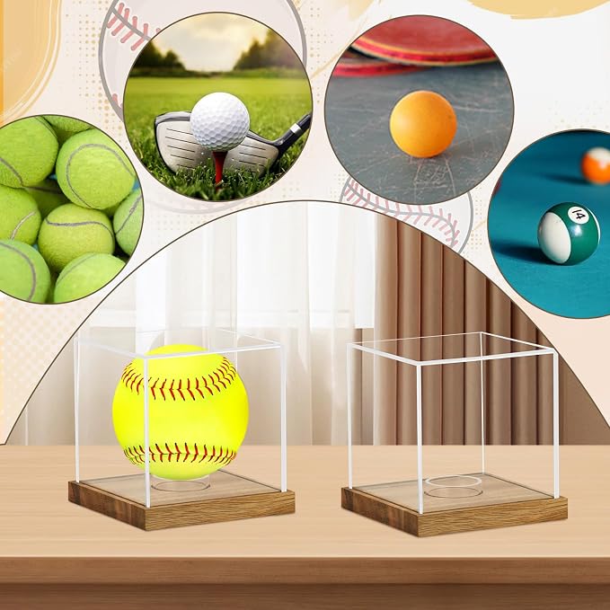 2 Pack Clear Acrylic Softball Display Case with Wood Base, Memorabilia Stand Cube Holder, Dust Protection Transparent Storage Box for Single Ball Souvenir Softball Collections - Image 3