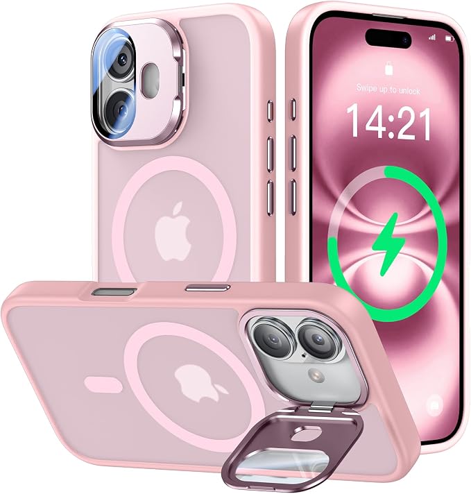 VOFATA [Upgraded] for iPhone 16 Case with Camera Cover Stand [Fit for MagSafe][9H Camera Lens Protector] Mil-Grade Protection Translucent Matte Silicone Magnetic iPhone 16 Phone Case, Pink by VOFATA