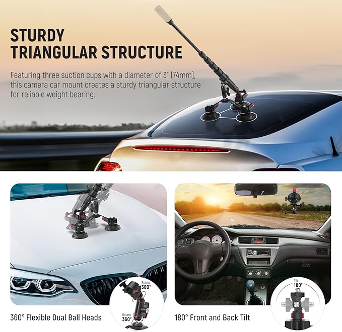 NEEWER Triple Suction Cup Car Mount Compatible with Insta360 X5 X4 GoPro DJI OSMO 360 Cameras, Quick Release Outside Windshield Magic Arm Mount Kit with 2 in 1 Extension Pole/Selfie Stick, CA065 - Image 4
