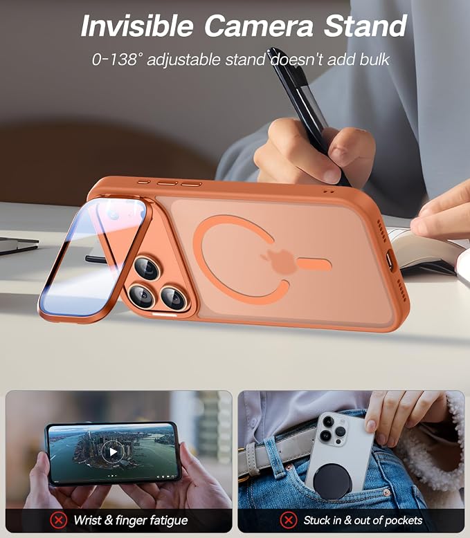 VOFATA [Upgraded Full Camera Protection] for iPhone 17 Pro Case with Camera Cover Stand [Fit for MagSafe][10FT Mil-Grade Protection] Translucent Magnetic iPhone 17 Pro Phone Case, Orange - Image 3