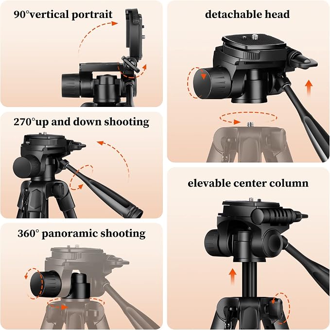JOILCAN Camera Tripod, 68" Tablet Tripod Stand for Phone Camera | Travel Tripods Compatible with iPad iPhone DSLR SLR Projector, Cell Phone Tripods Stand with Remote/Travel Bag / 2 in 1 Mount - Image 7