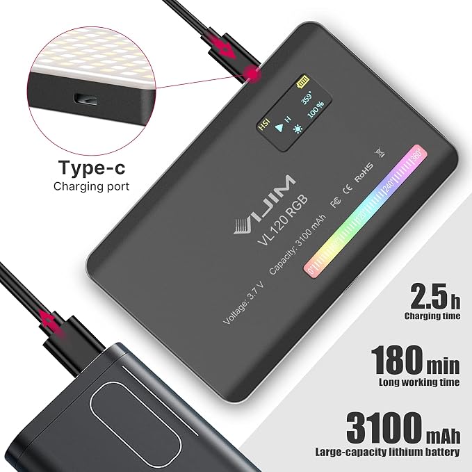 VIJIM VL120 RGB Video Light Portable LED Camera Light Panel 0-360Full Color | CRI 95+ 2500-9000K LED 3100mAh Rechargeable DSLR Lighting for Vlogging, Photography, Video Conference - Image 4