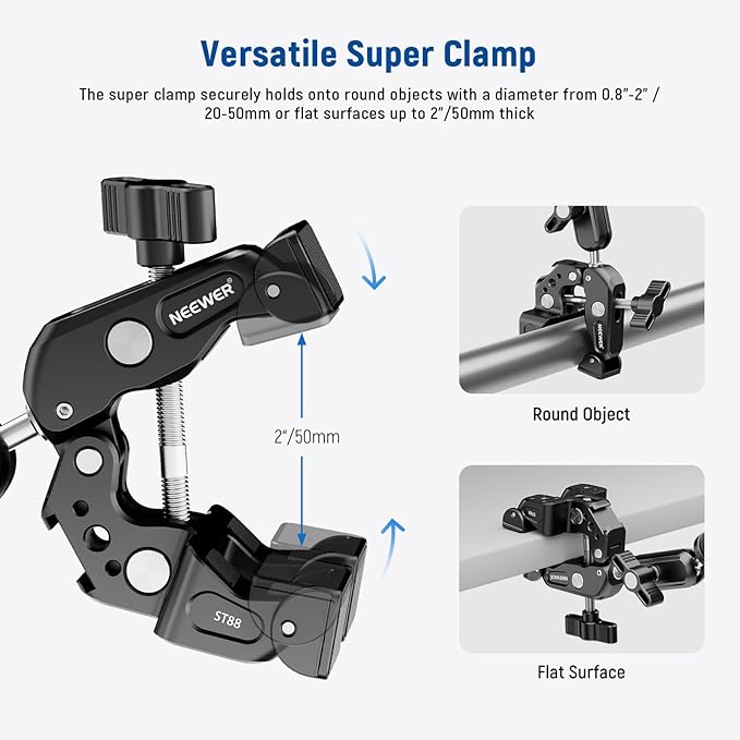 NEEWER Super Clamp with 3" Dual Ballhead Magic Arm Camera Phone Mount, ST88 | With 1/4" and 3/8" Threads, Cold Shoe, Phone Holder, Action Camera Adapter, Compatible with GoPro DJI iPhone 16 15 Pro Max - Image 3