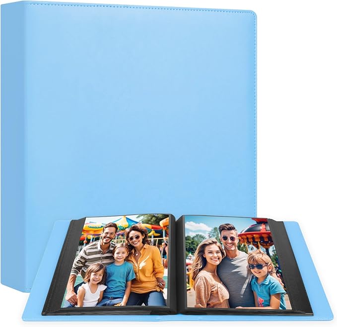 Aevdor 8x10 Photo Album, 168 Photos, Leather Cover, Blue | Large Capacity, Side-Loading Clear Pockets, Vertical 8x10 Layout, Black Inner Pages, Wedding, Travel, Baby & Family Memories by Aevdor