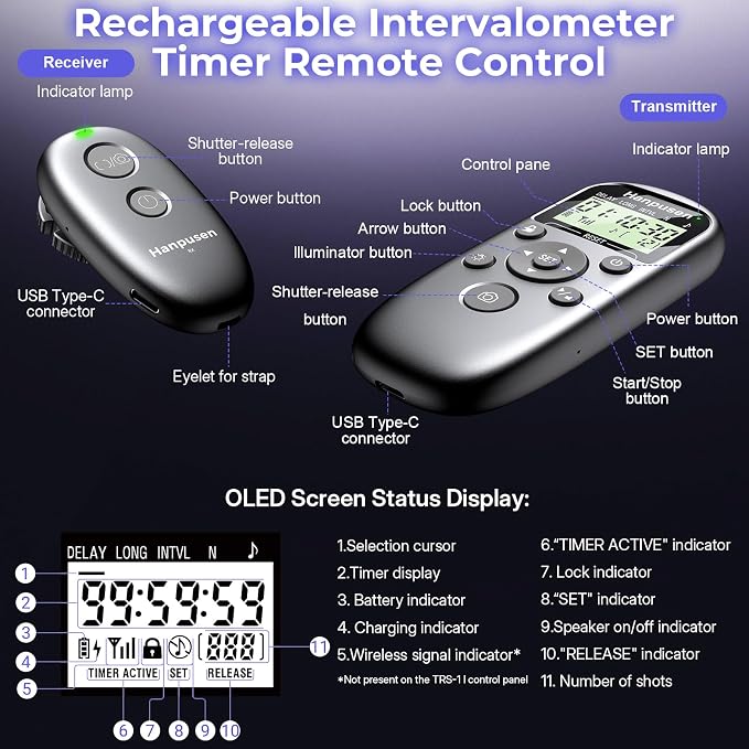 for Nikon Camera Rechargeable Wireless Intervalometer Shutter Release | Time-Lapse & Bulb Exposure Interval Timer Remote Control with OLED Display for Nikon Z8/Z6 III/D7500/D850/Z5/Z6/Z6II/Z9/P1100 - Image 8