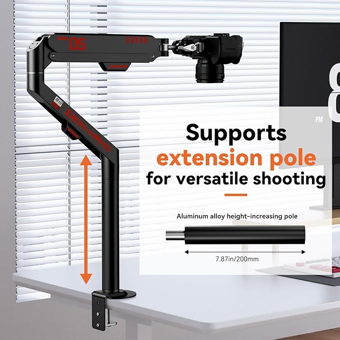 JINRAIKO Overhead Camera Mount with 360° Adjustable Arm & Phone Holder for TikTok Live Streaming Photography Studio Content Creation, Desk Mount for for DSLR Camera/Webcam/Microphone, Black - Image 3
