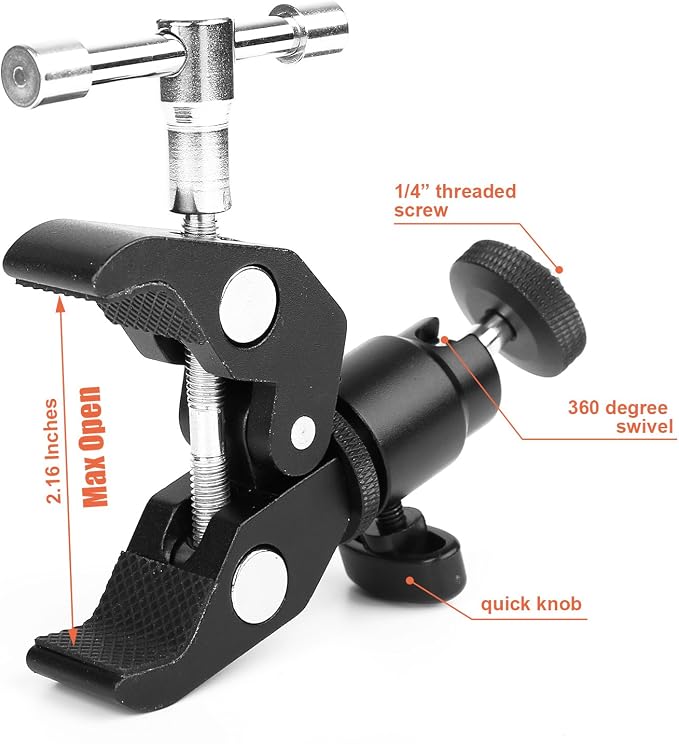 ChromLives Camera Clamp Mount Ball Head Monitor Clamp Super Clamp and Mini Ball Head Hot Shoe Mount with 1/4''-20 Tripod Screw for LCD/DV Monitor, LED Lights, Flash, Microphone and More 2Pack - Image 3