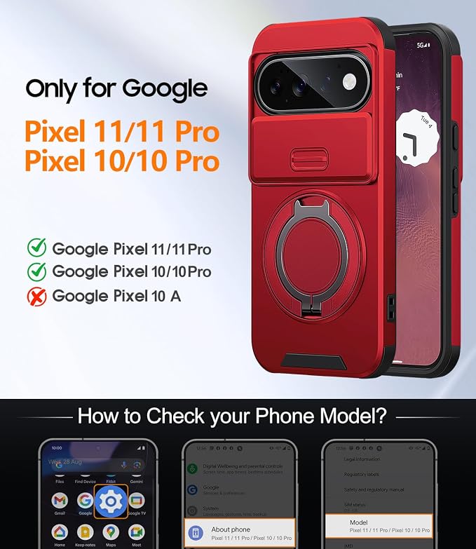 JAME for Google Pixel 10/10 Pro/11/11 Pro Case, Stand & Slide Camera Cover | Ring Holder Kickstand, Screen Protectors, Dual-Layer Shockproof Protective, Magnetic Accessory Friendly Phone Case, Red - Image 2