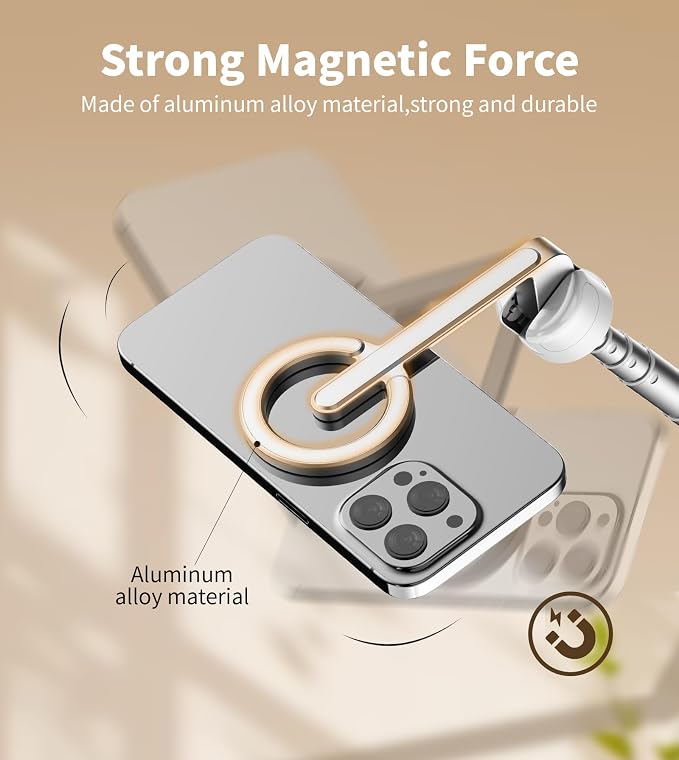 TONEOF 68" Magnetic Aluminum Phone Tripod Selfie Stick for iPhone & Android | Rechargeable Remote,360° Rotatable Foldable Cell Phone Stand Holder with Metal Ring,Travel Tripod for Magsafe (White) - Image 3