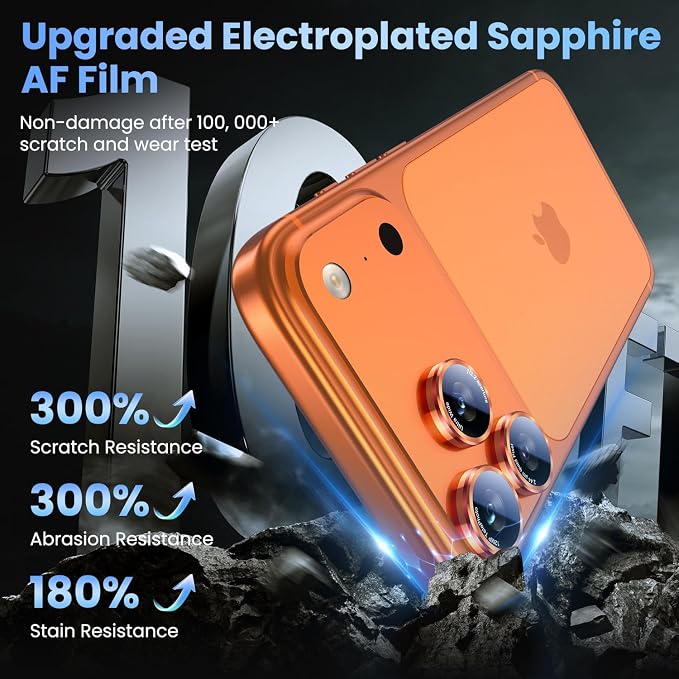 Uyiton for iPhone 17/16/15/14 (Pro Max & Pro) Camera Lens Protector | Unique Lines Text Design, Case-Friendly, Military-Grade Sapphire Glass Metal Camera Cover, Cosmic Orange+Red - Image 4
