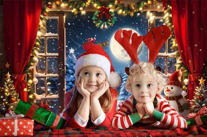 Christmas Backdrop 8x6ft Winter Full Moon Snow Pine Trees Forest Santa Claus Background Snowman Xmas Tree Party Decors Photo Booth Props - Image 2