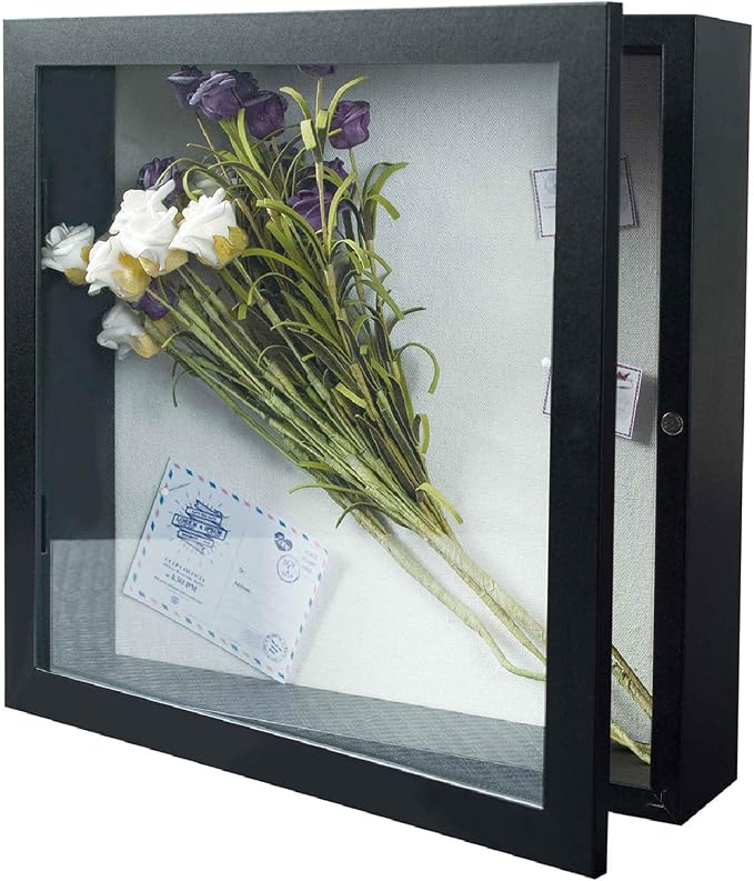 Muzilife 11x11 Shadow Box Wood Picture Frame, 2.16 Deep, Real Glass, Black | FSC-Wood, Magnetic Door, Linen Interior & Pins, Vertical, Horizontal Wall Hanging, Display Case Frame for Photos & Keepsakes by Muzilife
