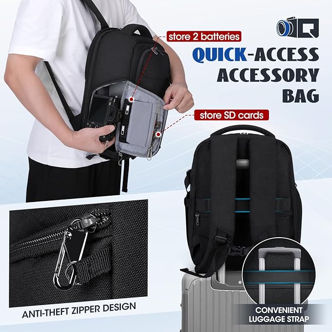 RAINSMORE Camera Backpack Camera Bag for Photographer DSLR SLR Mirrorless Camera Cases with Waterproof Rain Cover & Laptop Compartment Fit 15.6 Inch Laptop,Anti Theft Travel photography backpack,Black - Image 6