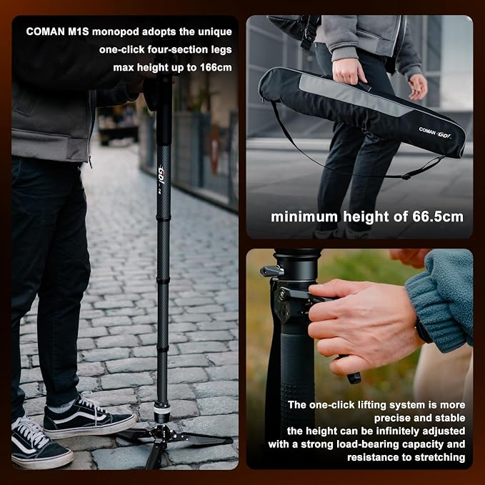 One-Click Lifting Monopod with Feet, 65’’ Travel Monopod with 360° Ball Bowl Head, Lightweight Camera Tripod with Arca Quick Release for Canon Nikon, DSLR Cameras, Max Load 22lbs/10kg (M1S) - Image 6