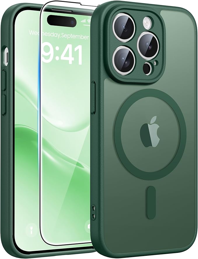 FNTCASE for iPhone 14 Pro Case, Compatible with Magsafe, Screen Protector | Full Camera Protection, Translucent Matte, 14FT Military Grade Drop Proof, Shockproof Protective Phone Cover, Green by FNTCASE