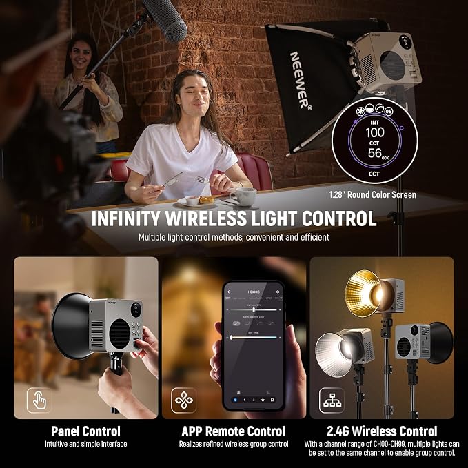 NEEWER 80W LED Video Light with 72Wh Battery/100W PD Fast Charging APP/2.4G Control Portable Bi Color Mini COB Studio Continuous Output Lighting 26500lx/1m 2700-6500K Dimmable CRI95+ 13 Scenes, HB80B - Image 4