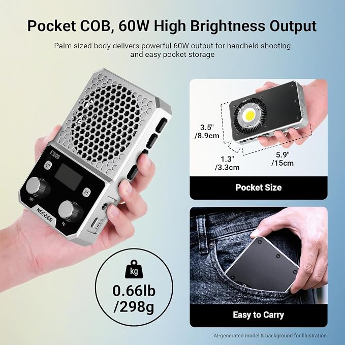 NEEWER FS60B 60W Compact Pocket Bi Color LED Light with APP/Panel Control | COB Continuous Output Lighting, 2700K-6500K, CRI96+, Portable for Professional Studio Photography, Video Recording - Image 2