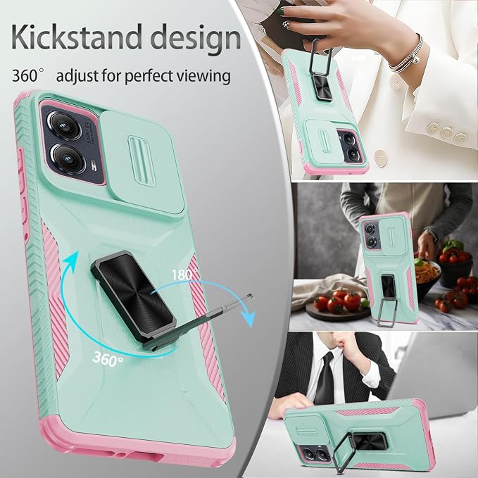 for Moto Edge 2024 Case,with Sliding Camera Lens Cover,HD Screen Protector,360° Rotating Ring Kickstand, Military-Grade Shockproof Protective Cover for Motorola Moto Edge 2024,Mint+Pink - Image 5