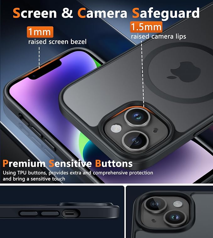 FNTCASE for iPhone 15/14 Plus Case, Fit for Magsafe, Screen Protector Black | Translucent Matte Magnetic Back, 14FT Military Grade Drop Protection, Shockproof Protective Phone Cover, Black - Image 5
