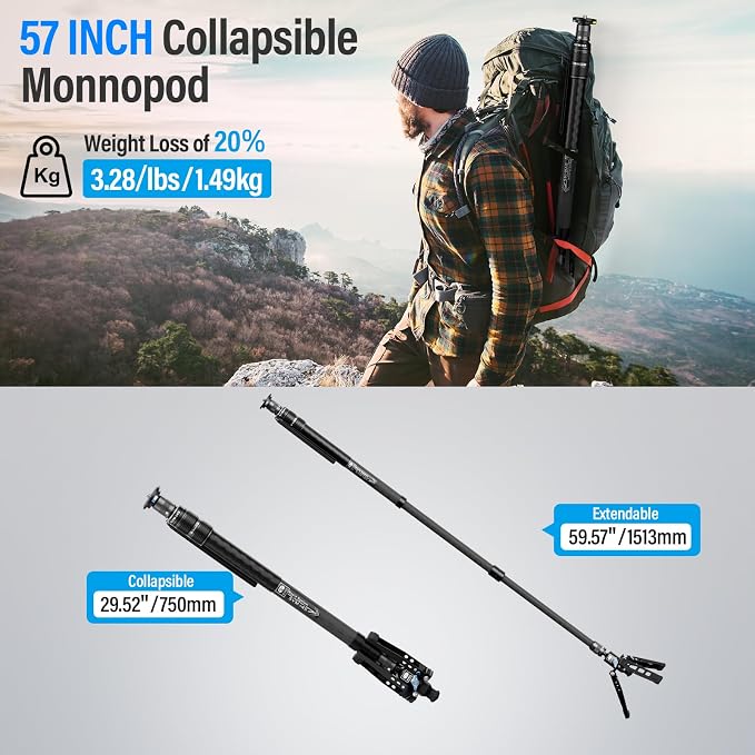 SIRUI SVM-145 Carbon Fiber Rapid Monopod, One-Step Height Adjust, 57" | 22LB Load, Monopod with Feet, Modular 3-in-1, Lightweight, DSLR, Mirrorless Camera, Travel, Outdoor - Image 4