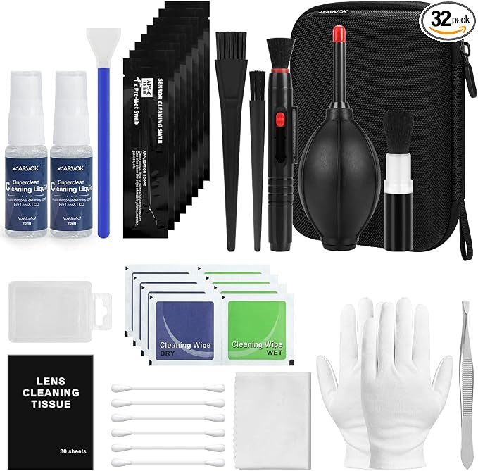 ARVOK Professional Camera Cleaning Kit(32 pcs), Including Air Blower/Cleaning Pen/Cleaning Spray/Cleaning Cloth/Lens Brush, Lens Cleaning Kit for DSLR Cameras Compatible with Canon, Nikon, Sony by ARVOK