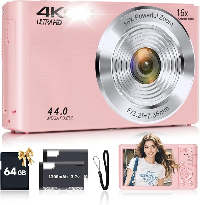 Digital Camera, FHD 4K Autofocus Digital Camera Pink with 64GB SD Card 16X Zoom, 2026 Upgraded Compact Cameras for Photography Point and Shoot Small Camera for Teen Boys Girls Kids Travel Adventures by SMARTKLIK