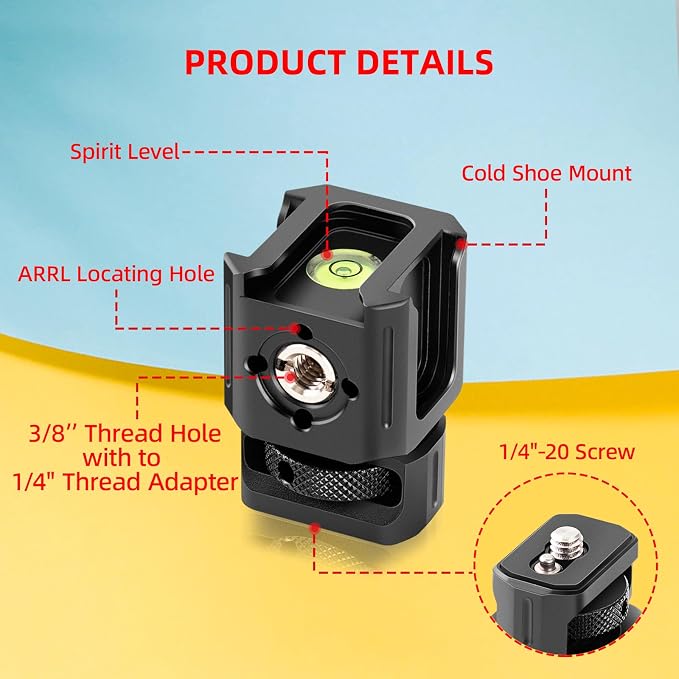Zeadio Universal Camera Mount with 1/4"-20 Screw, Hot Shoe Adapter, 3/8" Threaded Holes with to 1/4"-20 Threaded Adapter, Light Shoe & Bubble Level for Monitor and Light Mounts etc - Image 3