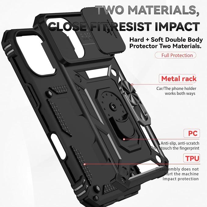 HNHYGETE for iPhone 16 Case with Screen Protector: [Military Grade 20ft. Drop Tested] Slide Camera Cover Ring Shockproof Protective Phone Case for - iPhone 16 (Black) - Image 5