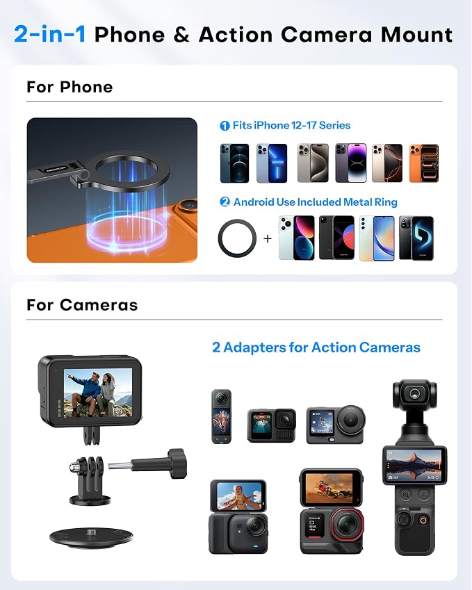 OMOTON TP02-Ultra 2 in 1 Magnetic Phone Tripod for DJI/GoPro iPhone, Black | Arca-type Adapter with 1/4" Screw for Action Camera, for iPhone 12-17 Series, Mount for Gym Kitchen Travel - Image 7