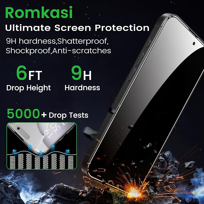 Romkasi 4 Pack Privacy Screen Protector for iPhone 16 Pro 6.3 Inch with 4 Pack Camera Lens Protector, Anti Spy Tempered Glass Film, Anti-Scratch, Touch Sensitive, Case Friendly - Image 4
