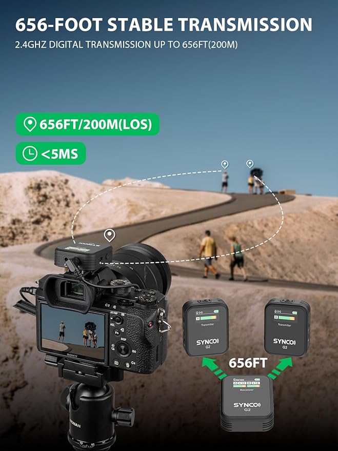 SYNCO G2(A2) Wireless Lavalier Microphone for Camera Phone Camcorder | 48KHz 24Bit Camera Mic for Podcast Streaming Interview Vlogging YouTube Video, 656ft Lav Mic with Upgraded Safety Channel - Image 3