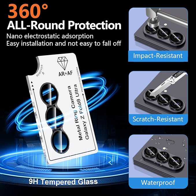 for Samsung Galaxy Z Fold 8 Ultra Camera Lens Protector, Individual Metal Ring Tempered Glass Lens Cover, [Strong Adsorption] Scratch Resistant Ultra-Thin HD Clear Lens Cover, 1 Set-Black Ring - Image 2