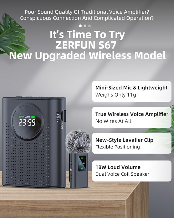 S67 Rechargeable Voice Amplifier Wireless Microphone for Teachers Classroom, Mini Lavalier Lapel Mic Clip Magnetic, Portable Bluetooth Speaker with LED Display for Class, Tour Guide, Black - Image 2