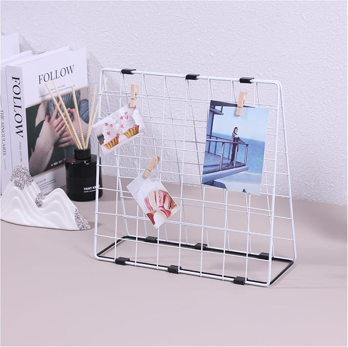 Photo Display Rack, Note Display Rack, Double-sided Photo Metal Rack, Suitable for Use As a Home Desk Photo Organizer, With 20 Wooden Clips, White - Image 2