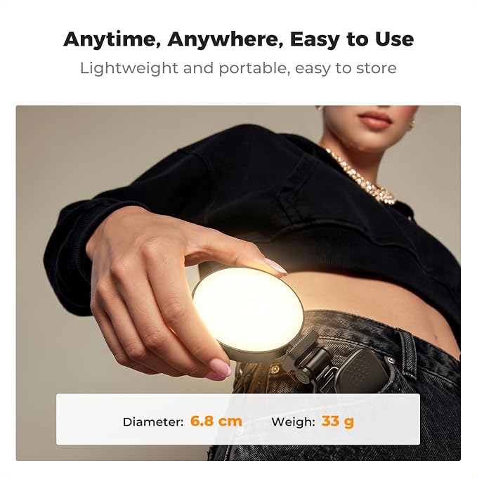 K&F CONCEPT LEDs Selfie Light, 3 Interface Modes, Rechargeable Phone Light | Ra95 CRI, 3-in-1 Mounts, 9 Light Modes, 600mAh Battery, 33g Pocket Size, Black, C7 - Image 6