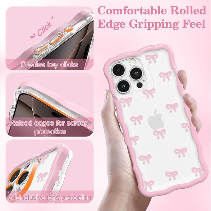 QLTYPRI for iPhone 16 Pro Max Pink Bow Case, Clear Cute Pink Ribbon Bow Phone Case Curly Wavy Aesthetic Phone Cover, Soft Slim Transparent TPU Shockproof Protective Cover for Women Girls - Tiny Bow - Image 3