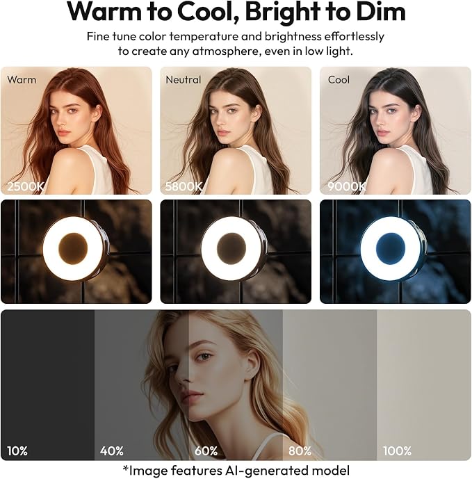 Ulanzi ML05 Magnetic Phone Light, Bi-Color 9000K CRI≥97 Selfie Video Light | Beauty Ring Fill Lights, 360° Flexible Rotation, Built-in Wide-Angle Mirror, Can be a Mini Desktop Stand for iPhone/Android - Image 2