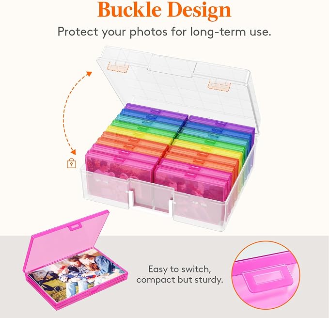 Lifewit 18 Pcs Photo Storage Box for 4"x 6" Pictures, Acid-Free, Multicolor | 1 Pcs Transport Outter Case with Handle& Labels, Container for Cards, Sticker, Seed, Scrapbooking, Craft, Classroom Supplies - Image 6