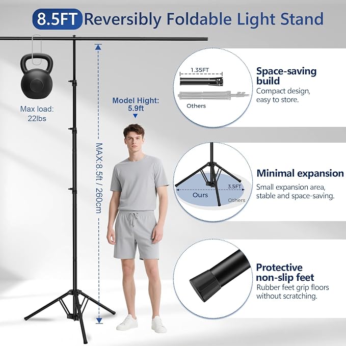 EMART 3-in-1 Backdrop Stand 10x8.5 ft Adjustable Photography Banner Stand | T-Shape Back Drop Stand for Party, Wedding, Events Dectorations, Background Support kit for Photo Video Studio with 8 Clamps - Image 4