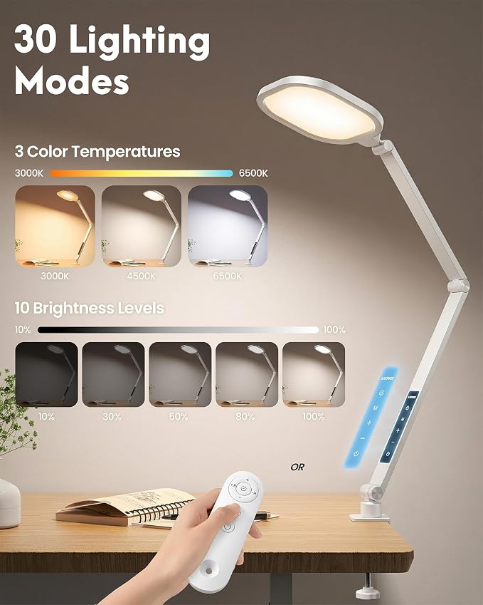 Video Conference Lighting for Computer, Zoom, Video Recording,White | 15W Desk Ring Light with C- Clamp, Swing Arm, Remote, Memory & Timer CRI 97.8, Video Lighting for Webcam,Streaming, Podcast - Image 4