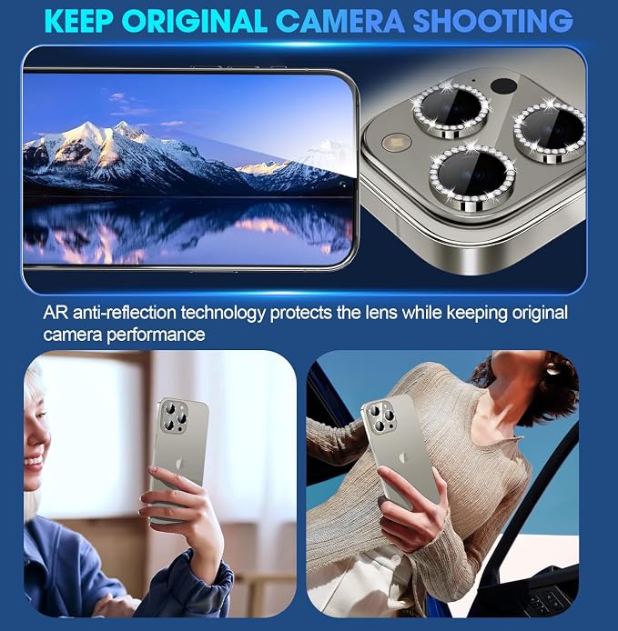 for iPhone 15 Pro/15 Pro Max Camera Lens Protector Diamond, Gray | Individual Metal, 9H Hardness, Scratch Resistant, Shockproof, Drop Protection, Case Friendly, Stylish Accessories - Image 4