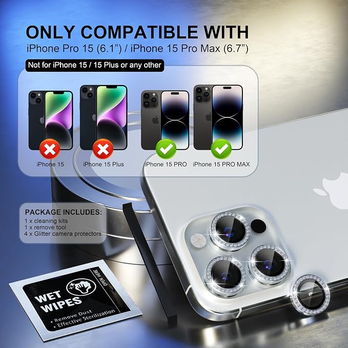Choiche for iPhone 15 Pro/iPhone 15 Pro Max Camera Lens Protector | Ultra HD, Bling 9H Tempered Glass Camera Cover Screen Protector Metal Ring Decoration Accessories (Diamond-Silver) - Image 2